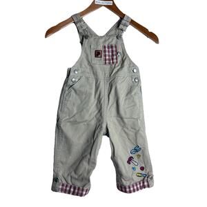 Vintage Boys 24M Khaki Plaid Patchwork Overalls Embroidery 90s Tools RARE T33